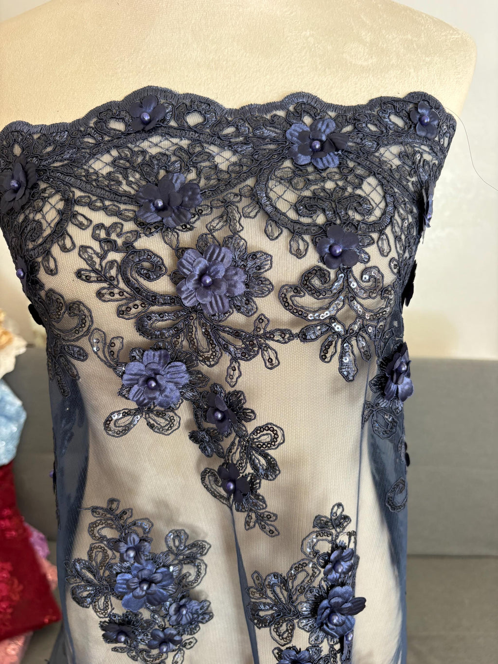 3D Bridal Lace fabric - Navy - 49" Width - Embridery sequince Double scalopped with Beads