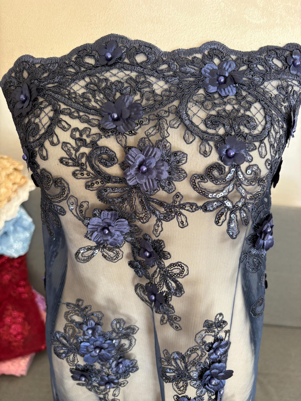 3D Bridal Lace fabric - Navy - 49" Width - Embridery sequince Double scalopped with Beads