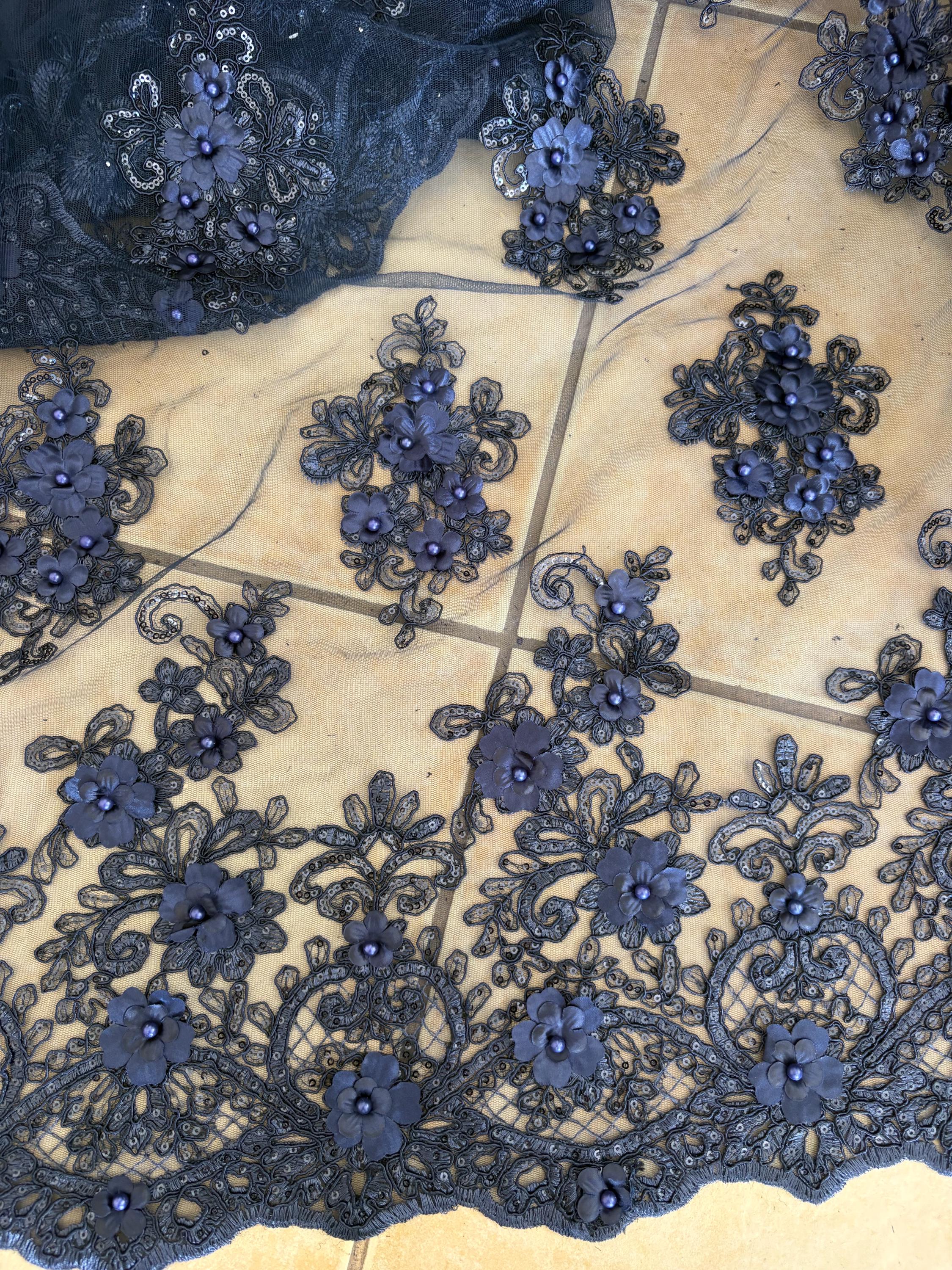 3D Bridal Lace fabric - Navy - 49" Width - Embridery sequince Double scalopped with Beads