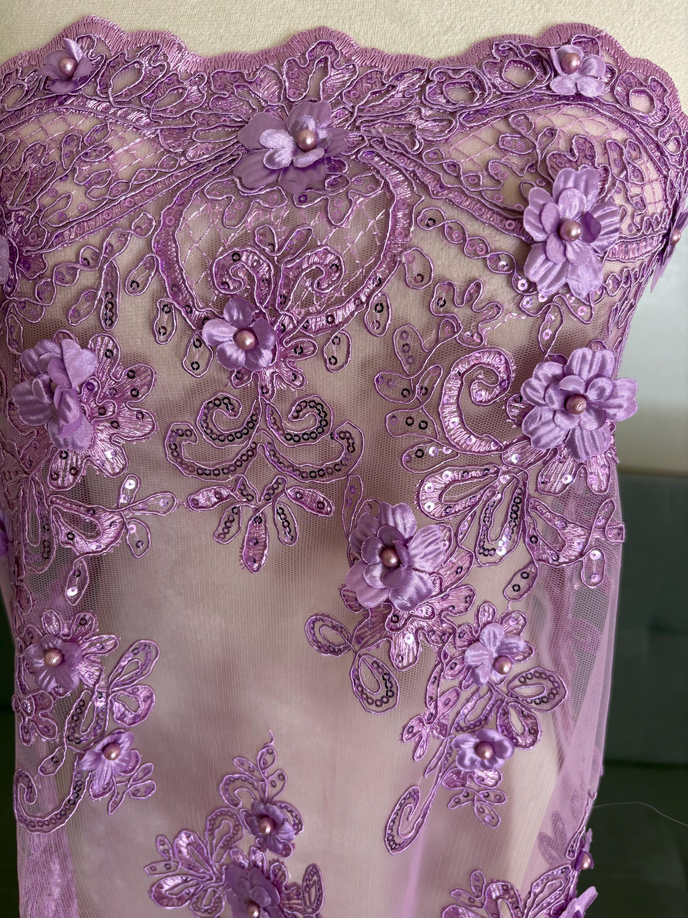 3D Bridal Lace fabric - Lavender - 49" Width - Embridery sequince Double scalopped with Beads