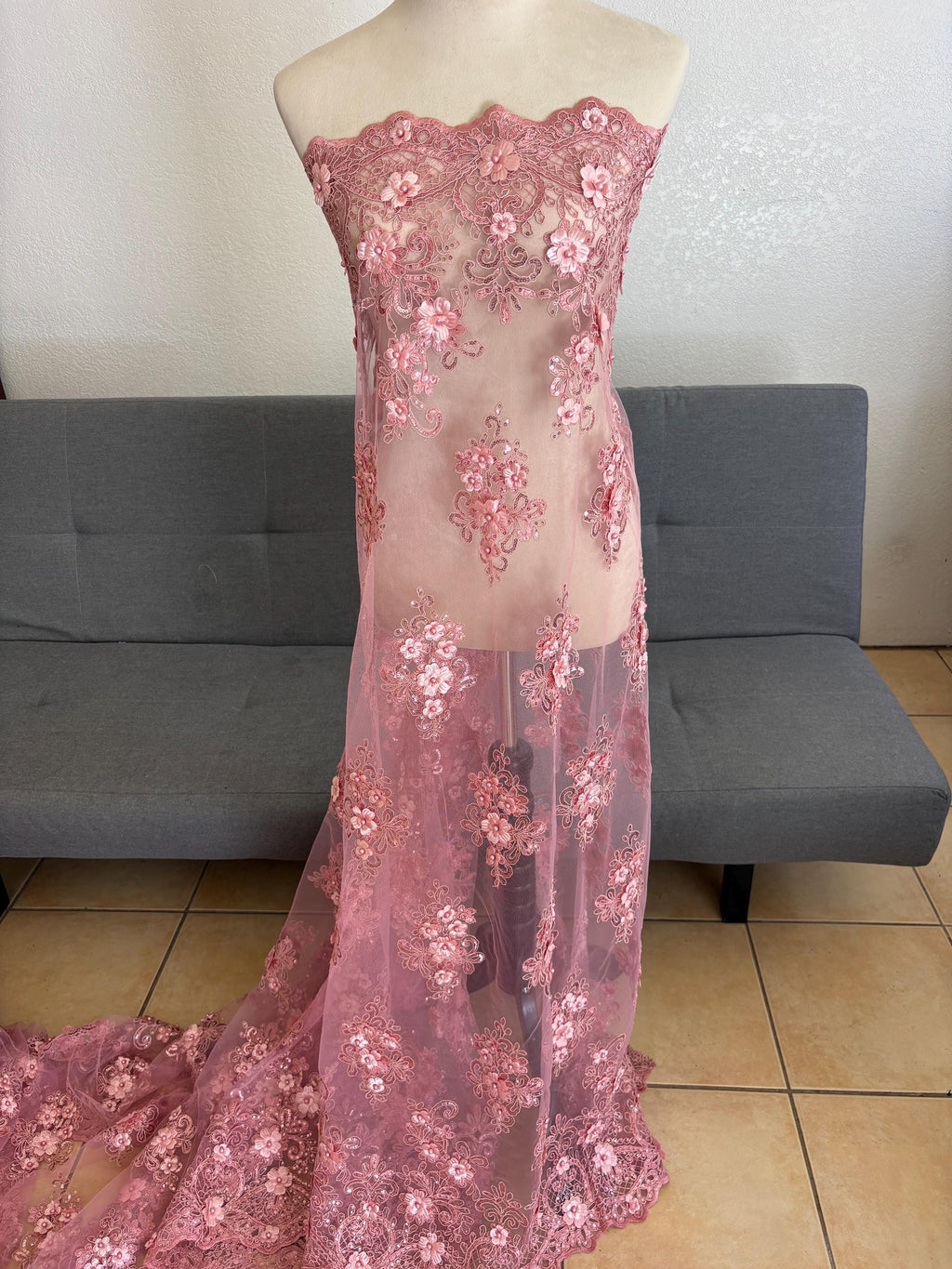 3D Bridal Lace fabric - Mauve - 49" Width - Embridery sequince Double scalopped with Beads