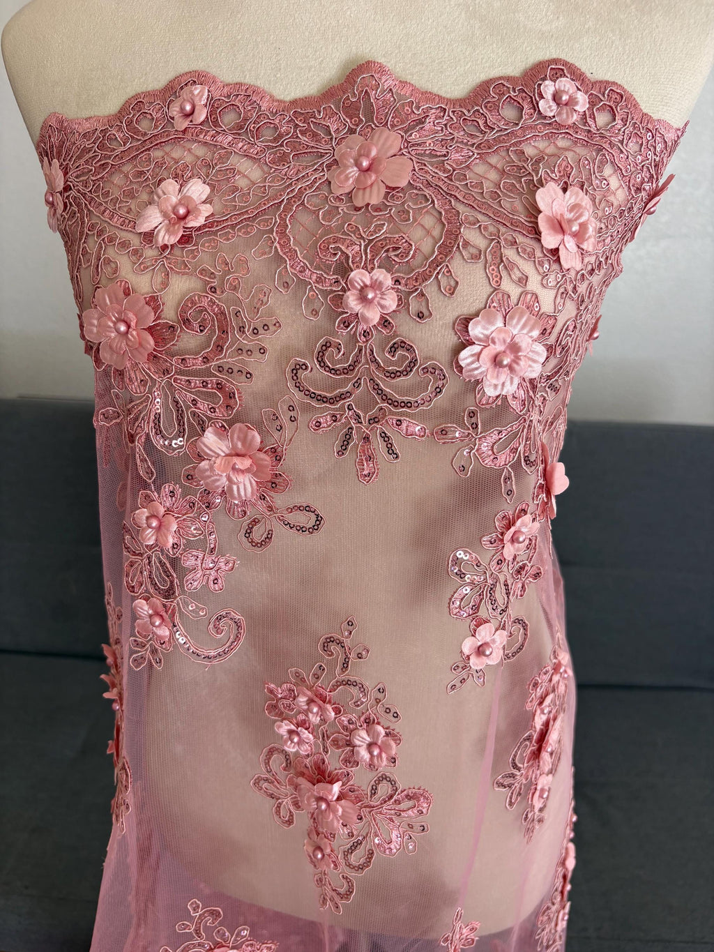 3D Bridal Lace fabric - Mauve - 49" Width - Embridery sequince Double scalopped with Beads