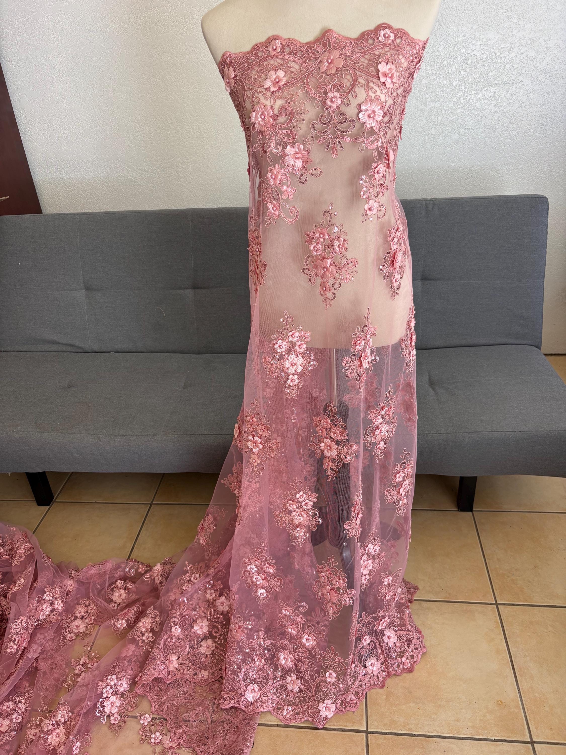 3D Bridal Lace fabric - Mauve - 49" Width - Embridery sequince Double scalopped with Beads