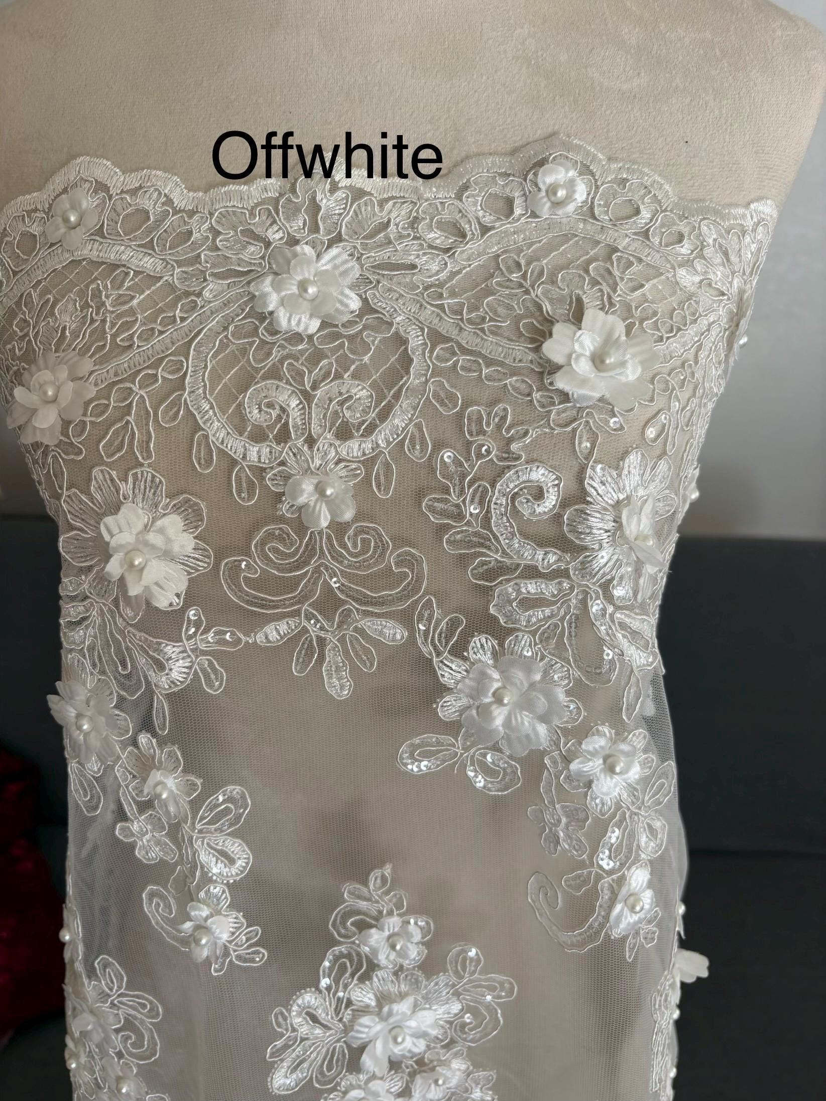 3D Bridal Lace fabric - Offwhite - 49" Width - Embridery sequince Double scalopped with Beads