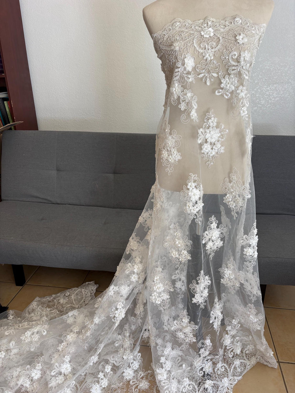 3D Bridal Lace fabric - Offwhite - 49" Width - Embridery sequince Double scalopped with Beads