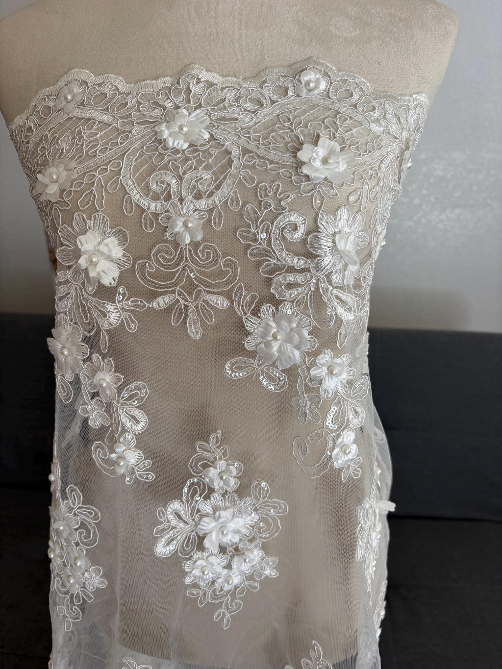 3D Bridal Lace fabric - Offwhite - 49" Width - Embridery sequince Double scalopped with Beads