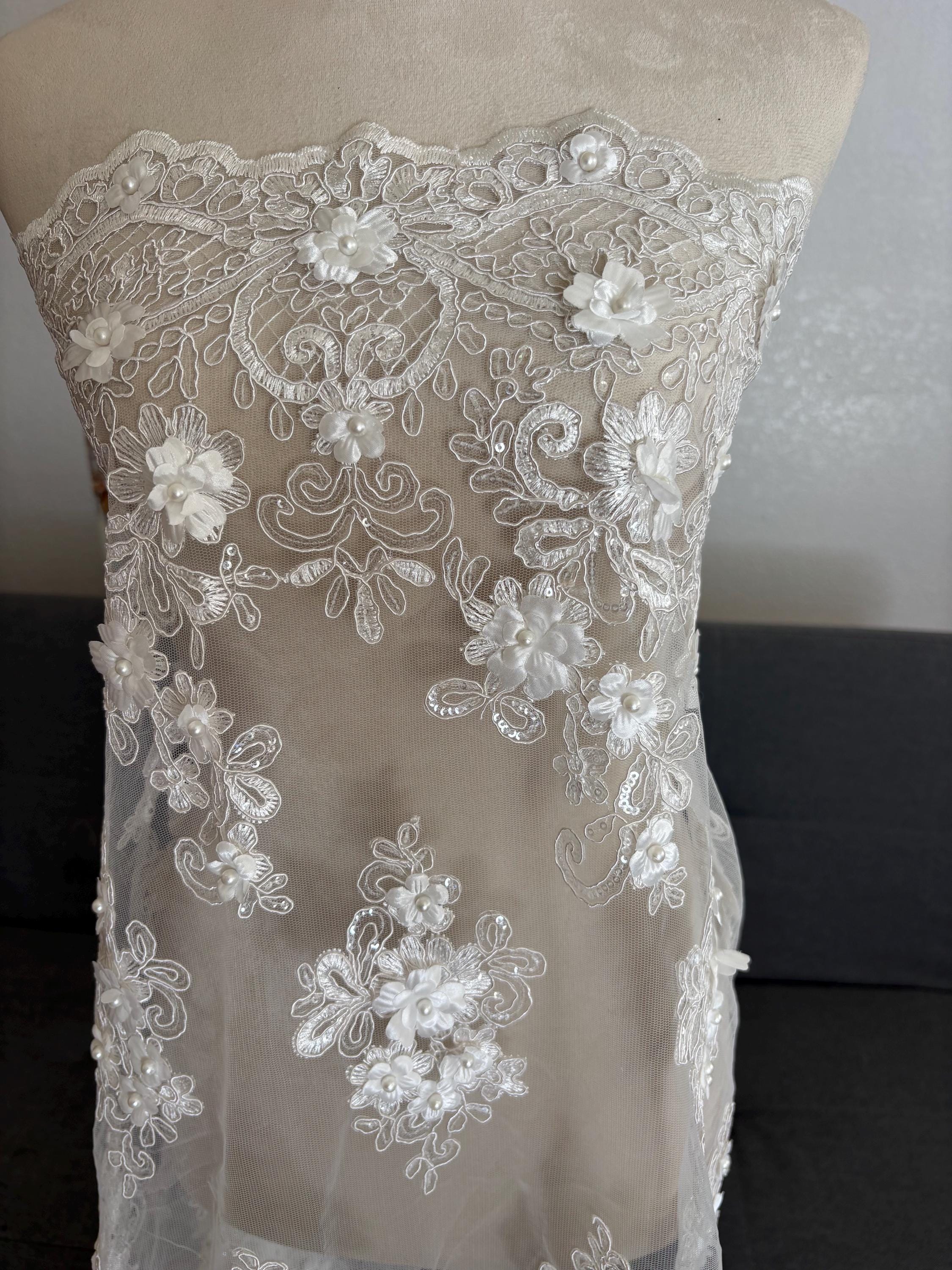3D Bridal Lace fabric - Offwhite - 49" Width - Embridery sequince Double scalopped with Beads
