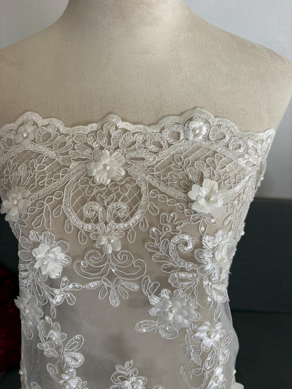 3D Bridal Lace fabric - Offwhite - 49" Width - Embridery sequince Double scalopped with Beads