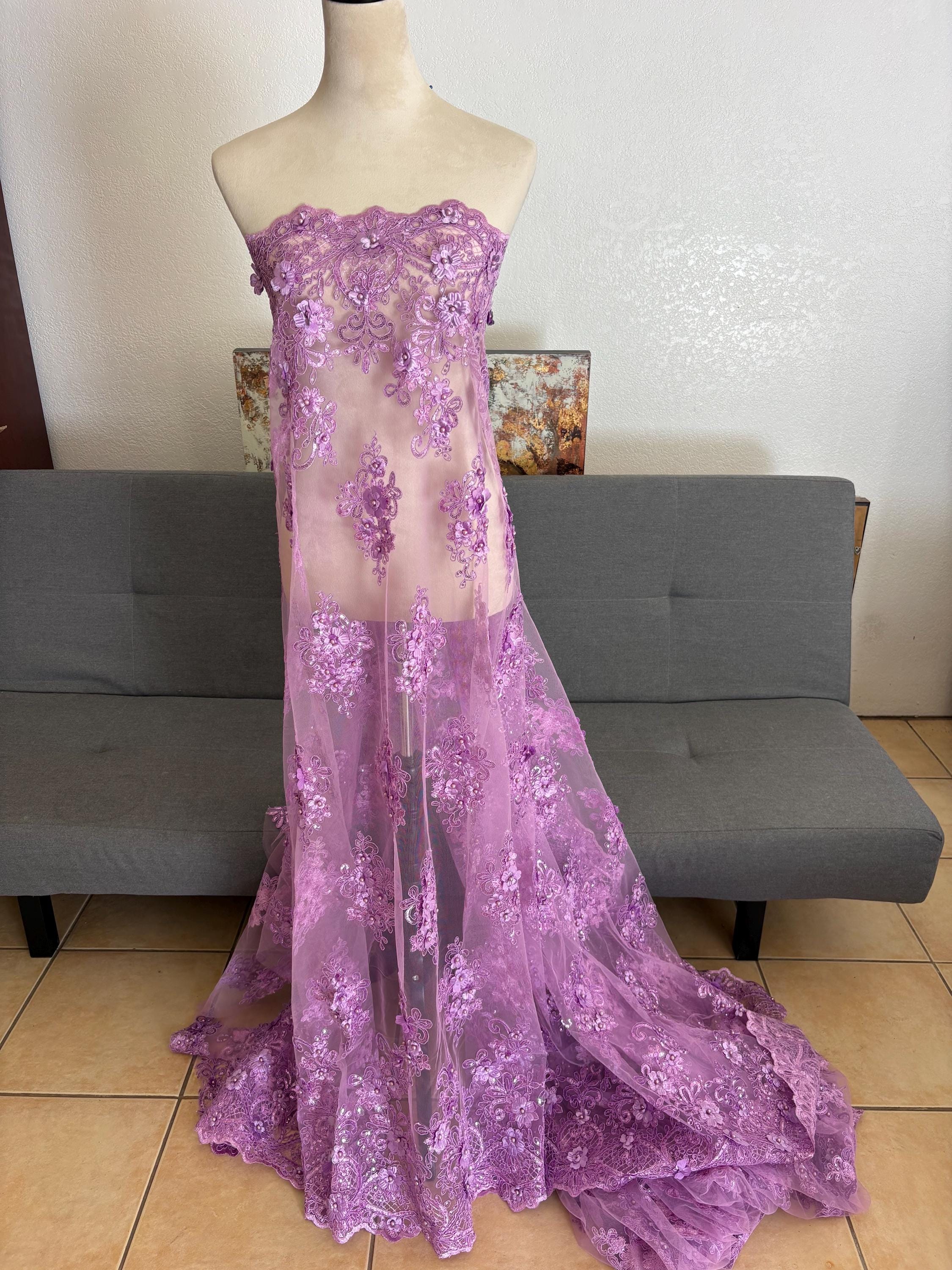 3D Bridal Lace fabric - Lavender - 49" Width - Embridery sequince Double scalopped with Beads