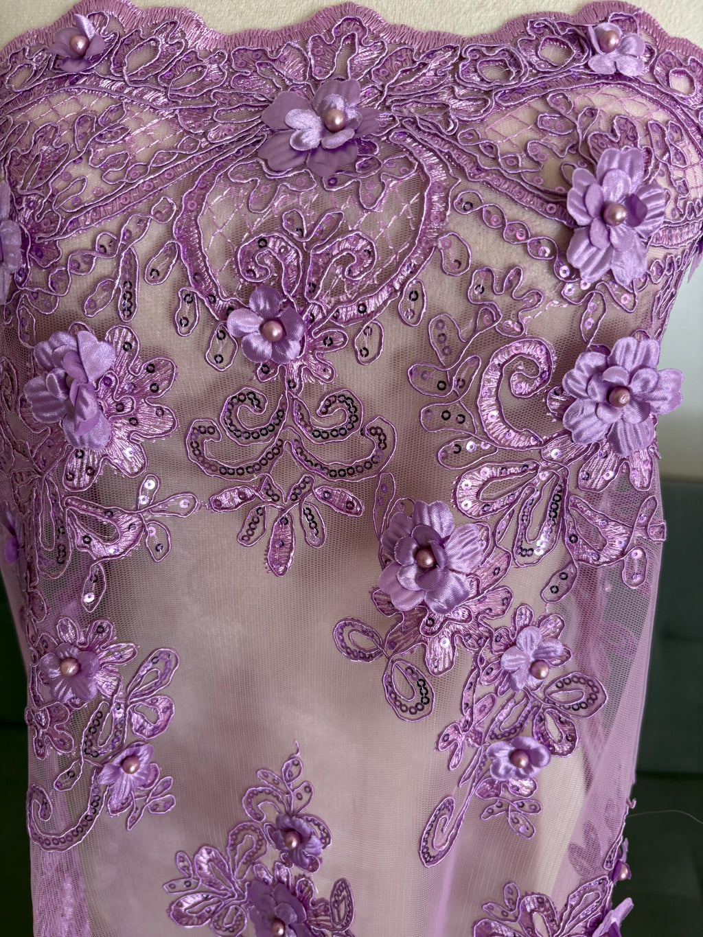 3D Bridal Lace fabric - Lavender - 49" Width - Embridery sequince Double scalopped with Beads