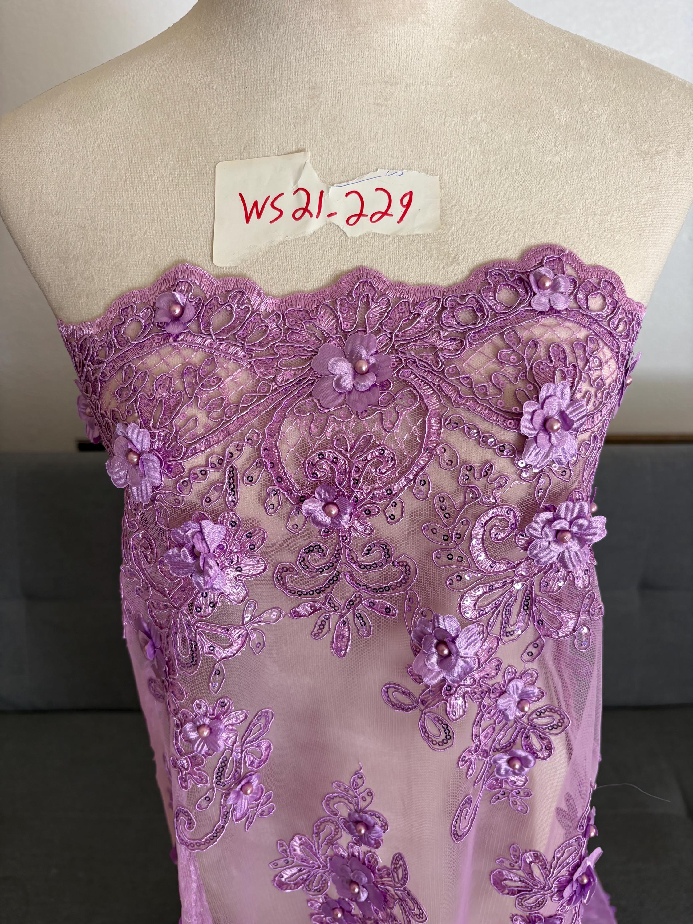 3D Bridal Lace fabric - Lavender - 49" Width - Embridery sequince Double scalopped with Beads