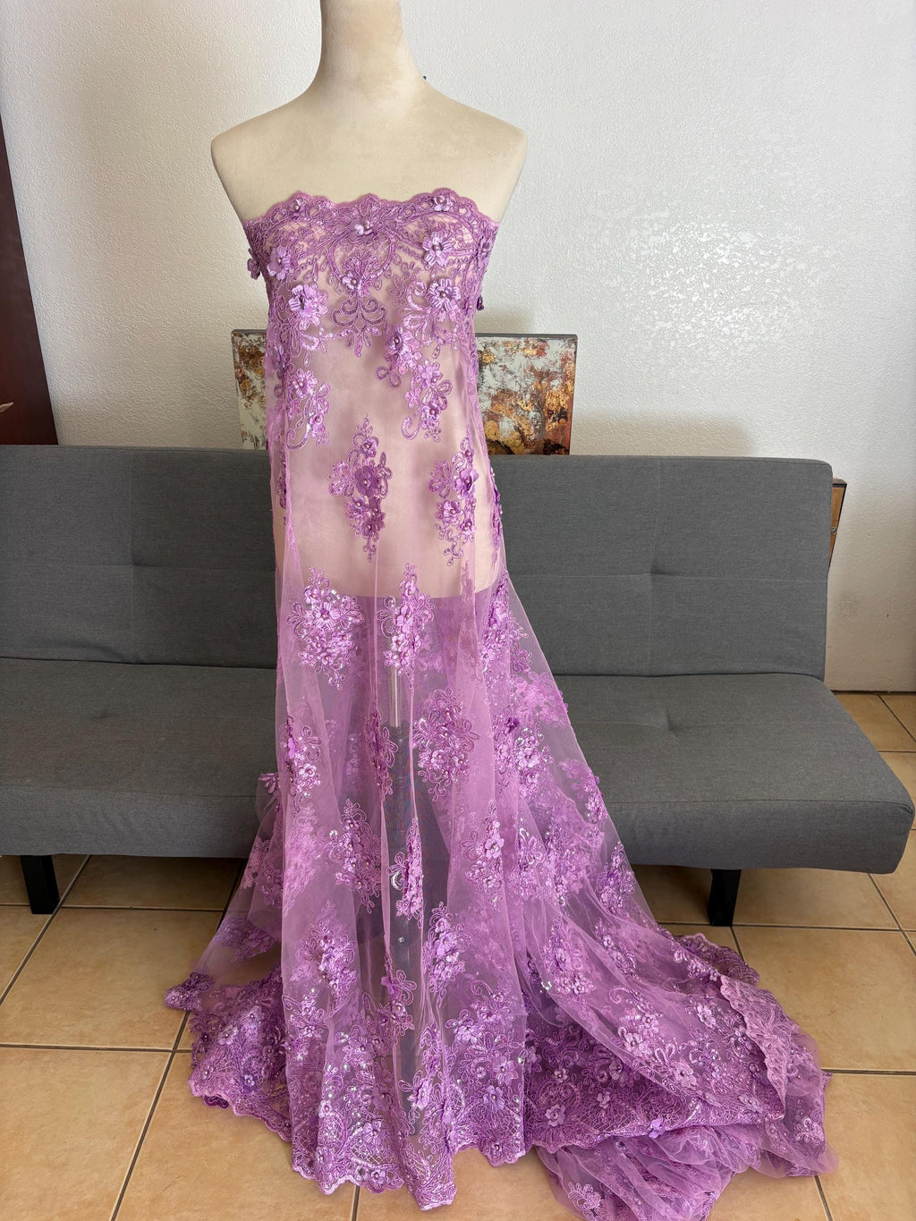 3D Bridal Lace fabric - Lavender - 49" Width - Embridery sequince Double scalopped with Beads