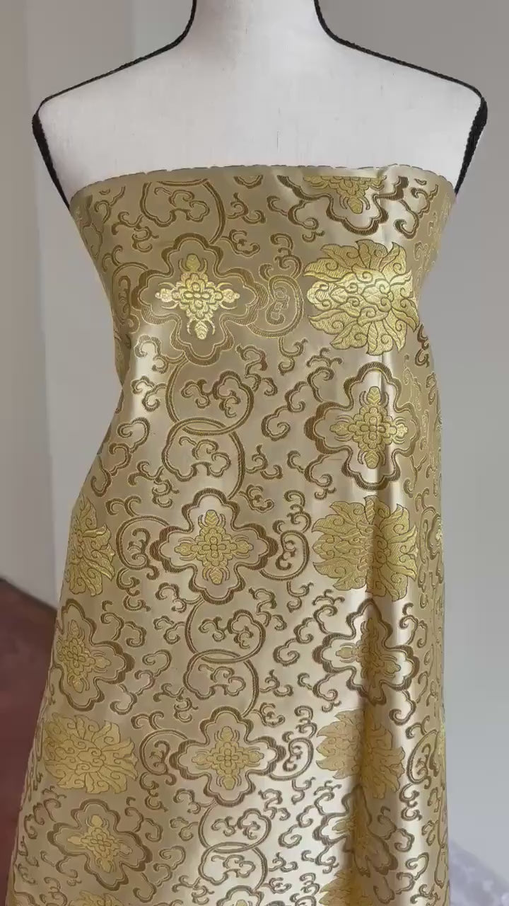 Taupe gold brocade fabric, 36” wide – also known as Asian satin or Oriental Chinese embroidered brocade.