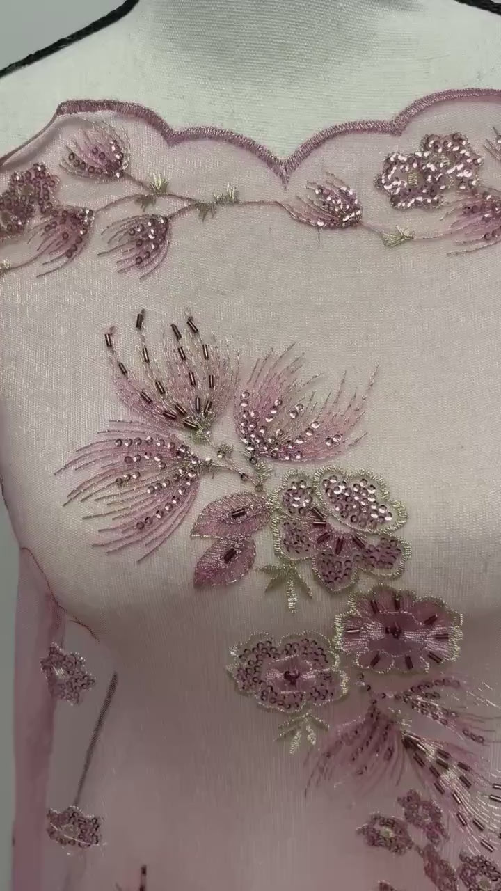 3-yard Dusty Rose -colored lace fabric design ZD08088, sequins, embroidery double scalloped edges. Width 49/50". sell by 3 yards increment.