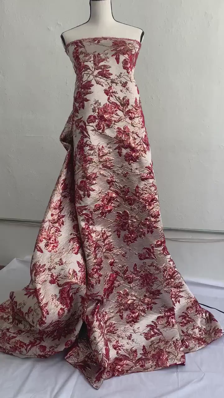 Brocade floral metallic fabric. color burgundy 56"