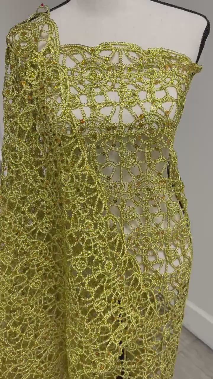 Gold color lace fabrics design Metallic spider Knit, Sequins embroidery double scalloped. Width 49/50"