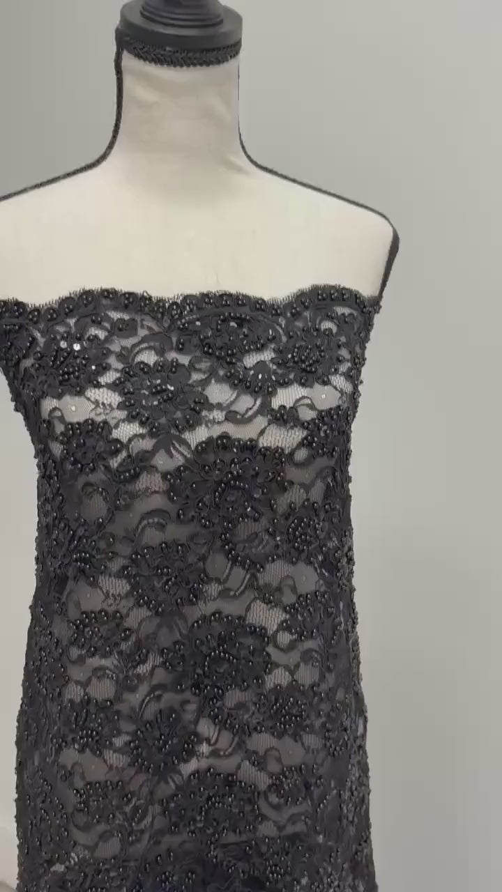 Black Beaded lace, Double scalloped Sequence Beaded Embroidery width 49/50" design# Beaded Lace. free sample.