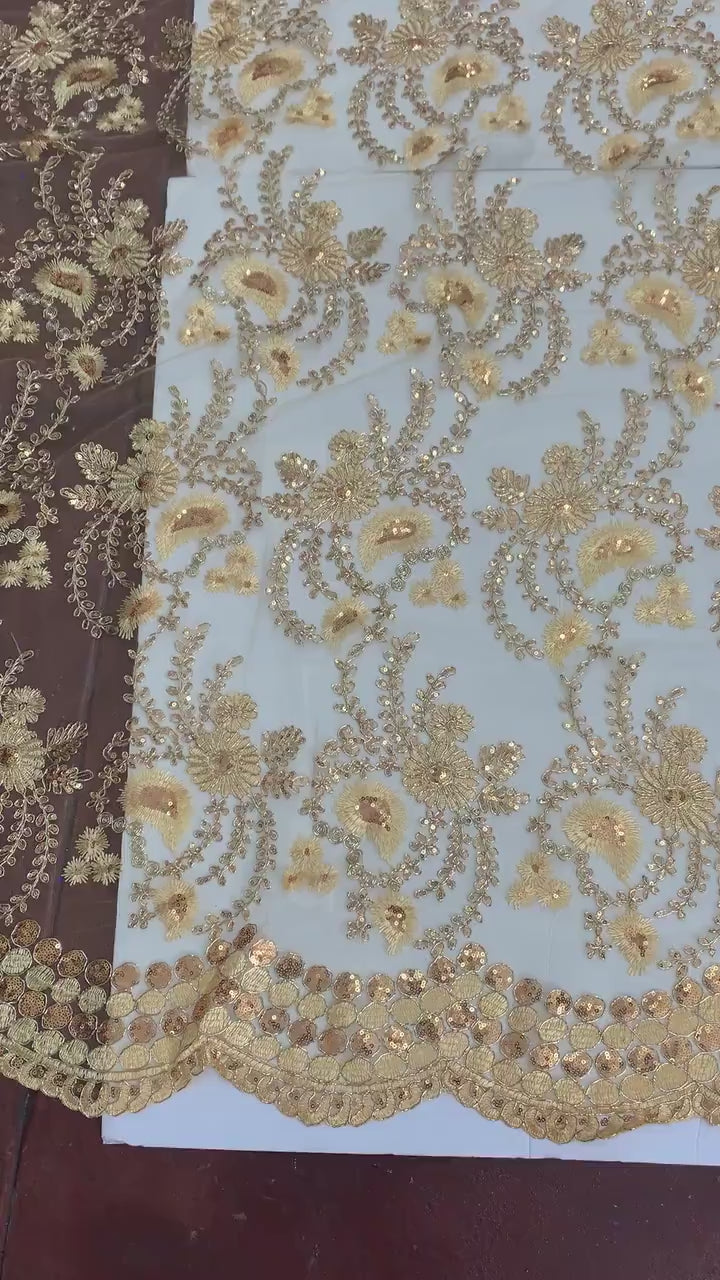 Gold color lace fabrics design Lexi, Sequins, embroidery double sclloped sequins fabric.