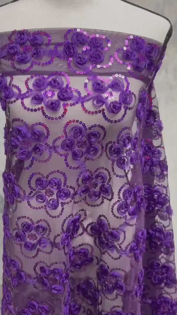 Plum chiffon embroidery sequence mesh fabric, design JH-120302-1. plain mesh on both side.