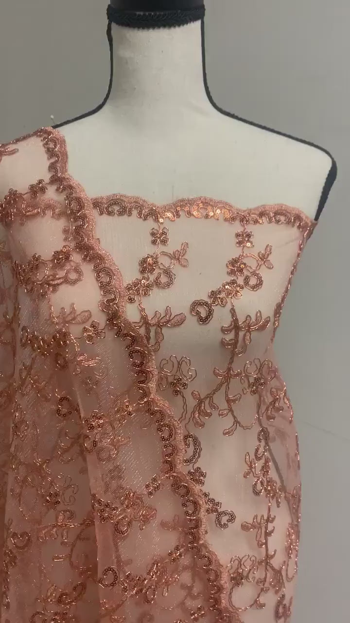 3 yards cut lace coral design bt1100, Lace Double scalloped sequins Embroidery width 49/50"