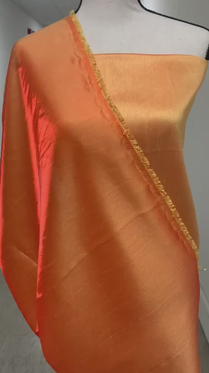 Gold Shimmer fabric two tone threads in yellow and orange, creating an orange sheen. Requires dry cleaning for maintenance. Free sample.