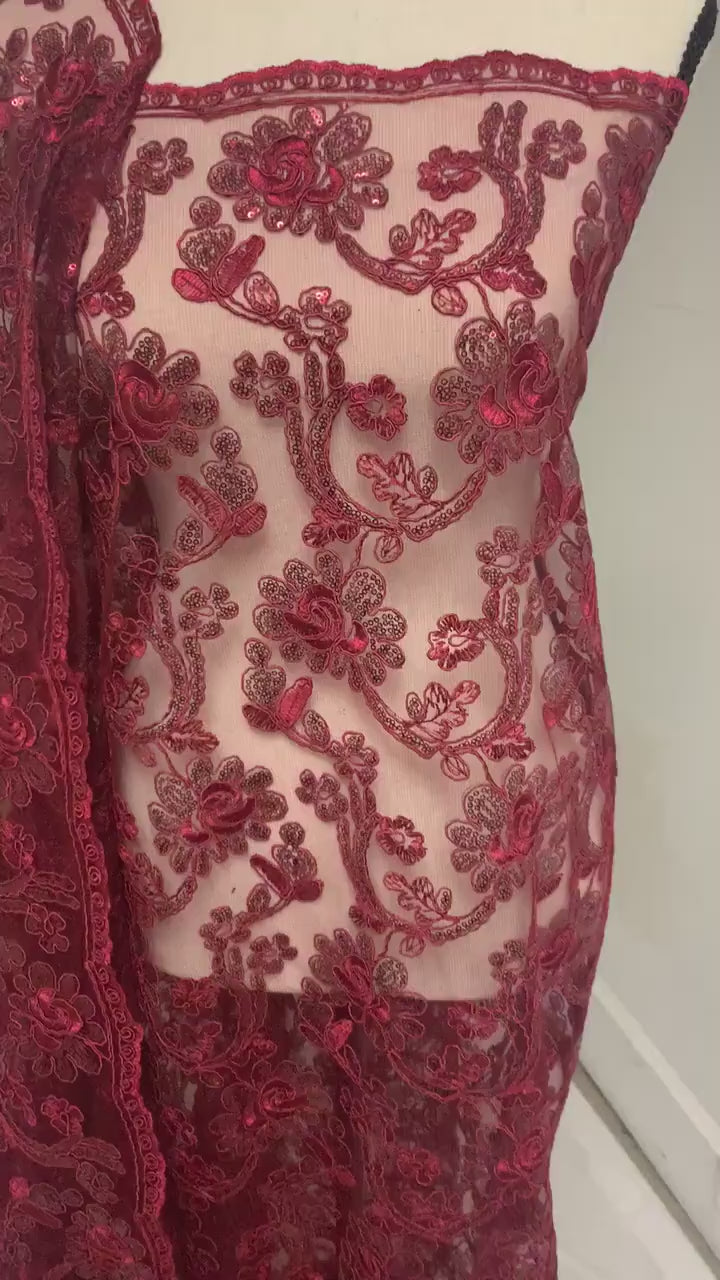 3-yard Burgundy-colored lace fabric design named Angela, sequins and intricate embroidery with double scalloped edges. Width 49/50"