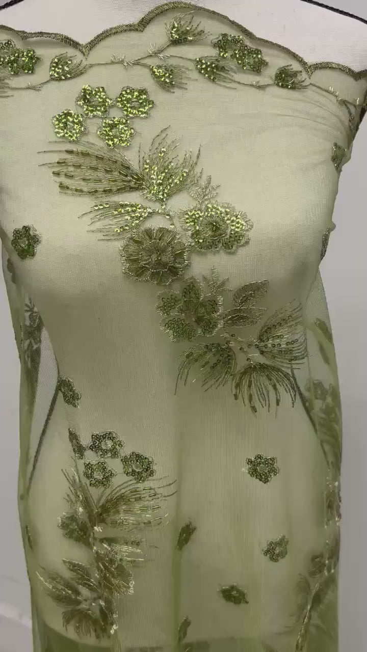 3-yard Olive-colored lace fabric design ZD08088, sequins, embroidery double scalloped edges. Width 49/50". sell by 3 yards increment.