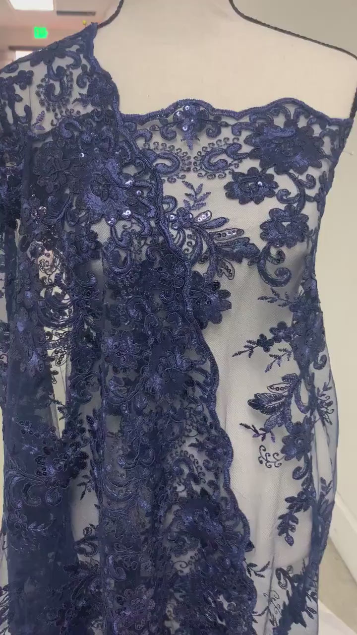 3 yards cut Lace color Navy. Double scalloped sequence embroidered width 49/50 inches. condition New. sell by yard. Design Eu 230325 016 BNG