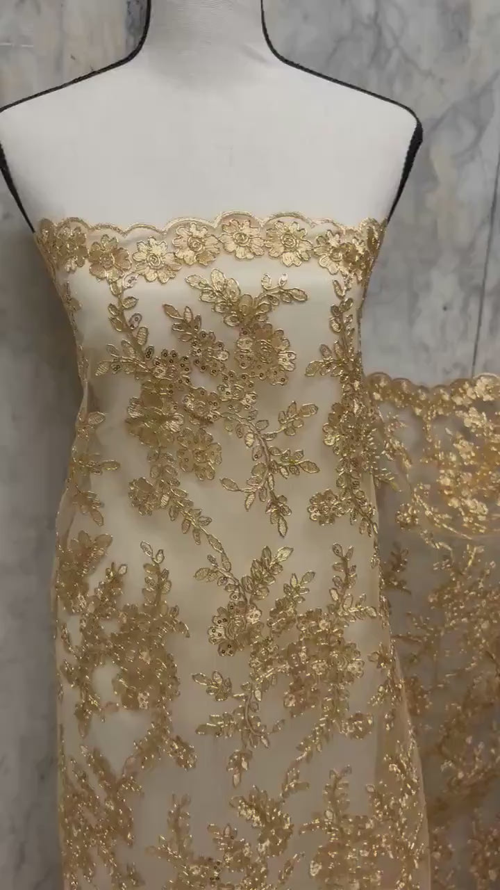 D. Gold Lace fabric design bloom 6 width 49", Double scalloped sequence embroidery.
