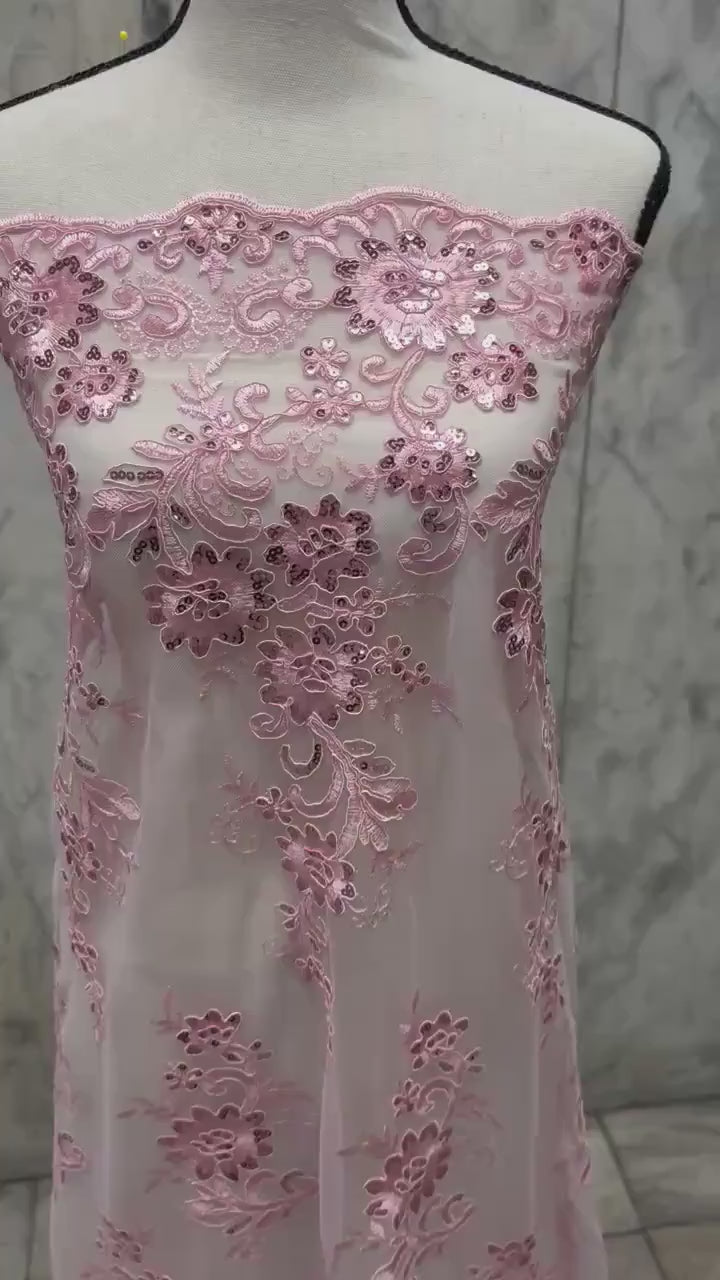 Pink Lace Double scalloped sequence embroidered width 49/50 inches. Design: Eu 230325 016 BNG Calmar