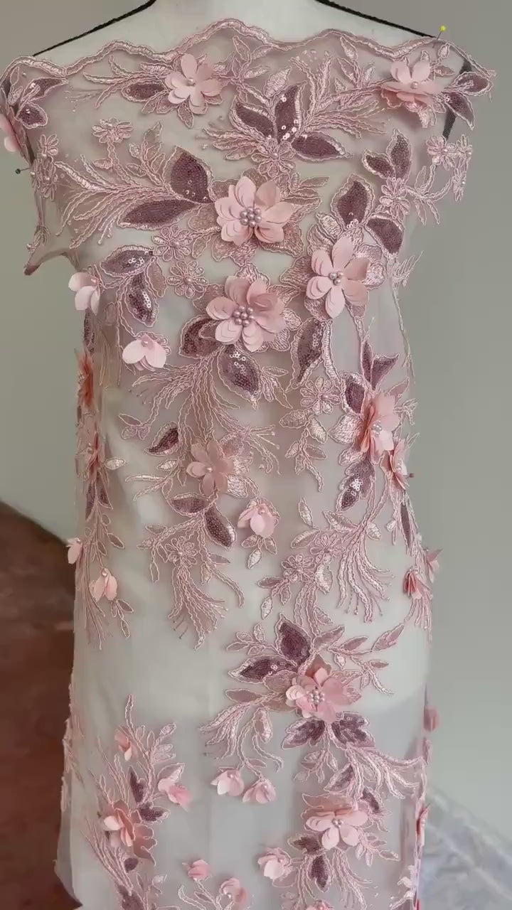 Pink Lace fabric design 3D sequence embroidery double escalope width 49/50". sell by 1 yard increment.