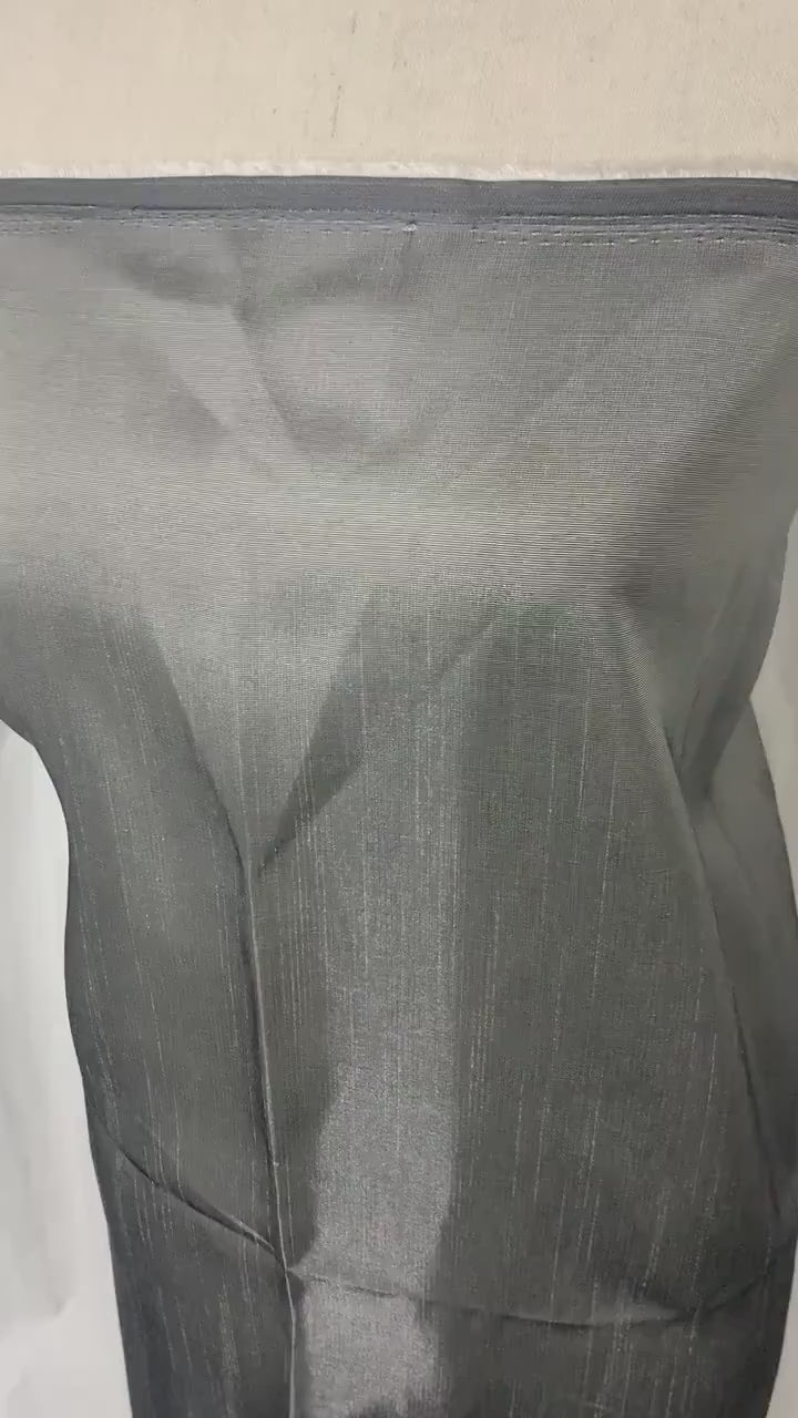 silver grey  shimmer shantung fabric, width 58". Is a double sided fabric with slub, shimmery and dull sides dry clean fabric. Free sample.