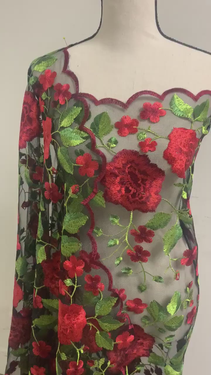 3 yards floral Embroidery Mesh Lace, width 49/50" red rose embroidery on black mesh fabric