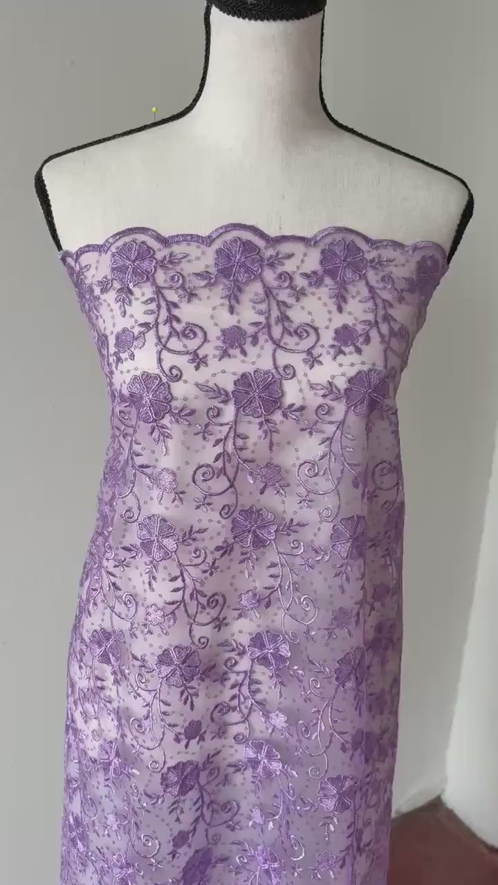 Lilac lace fabric double scalloped embroidery sequence width 49". Design 04331279. shop with confidence ask fro free sample.