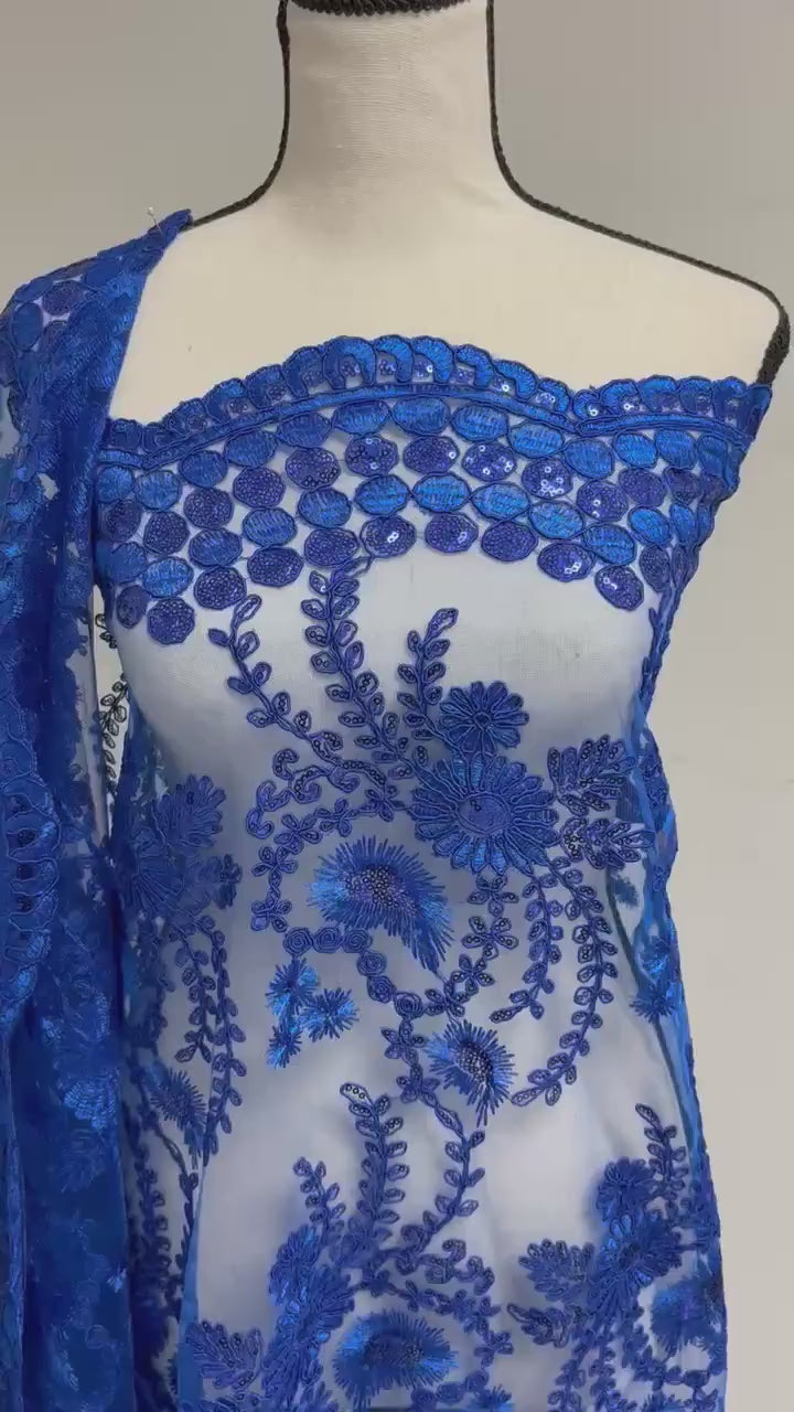 A cut 3-yard Royal color lace fabric design Lexie, Double scalloped sequence embroidery width 49/50"