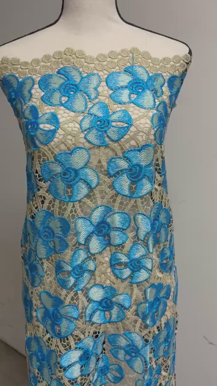 Guipure Lace Floral Embroidery Lace, width 49/50" sell by 1 yard increment. color Blue/light gold base. cut in continuous piece.