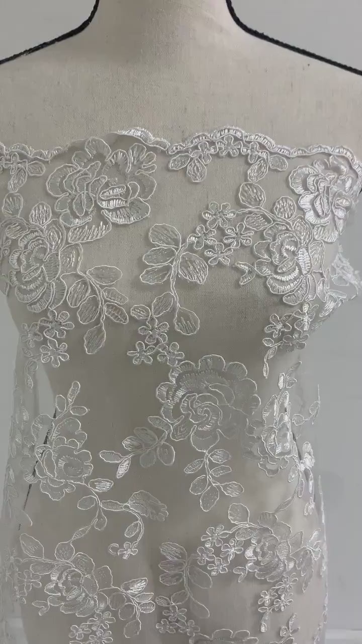 Bridal White Lace fabric design 4010, Embroidery double scalloped width 49/50". sell by 1 yard increment. tela de encaje de color blanco