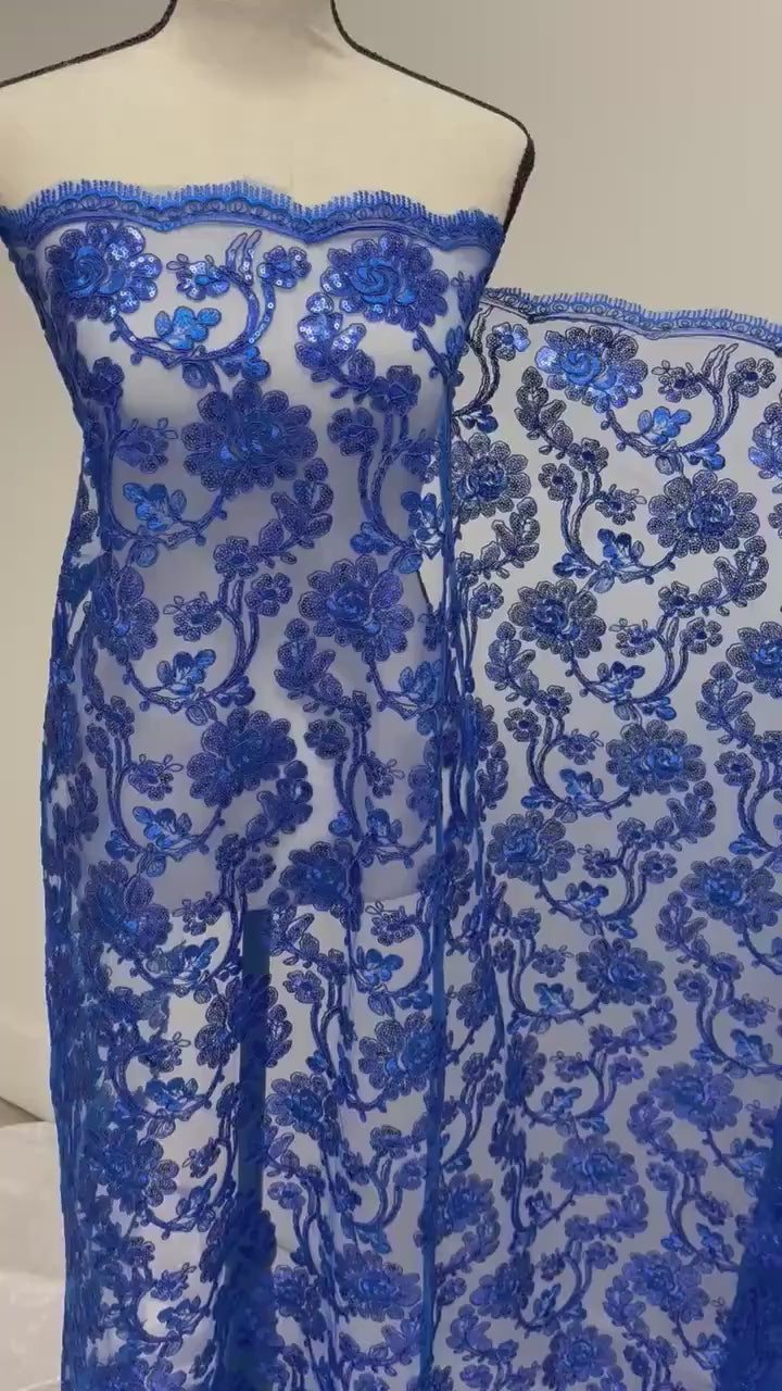 Royal Blue Lace fabric design 5397, double scalloped sequins embroidery color width 49/50".