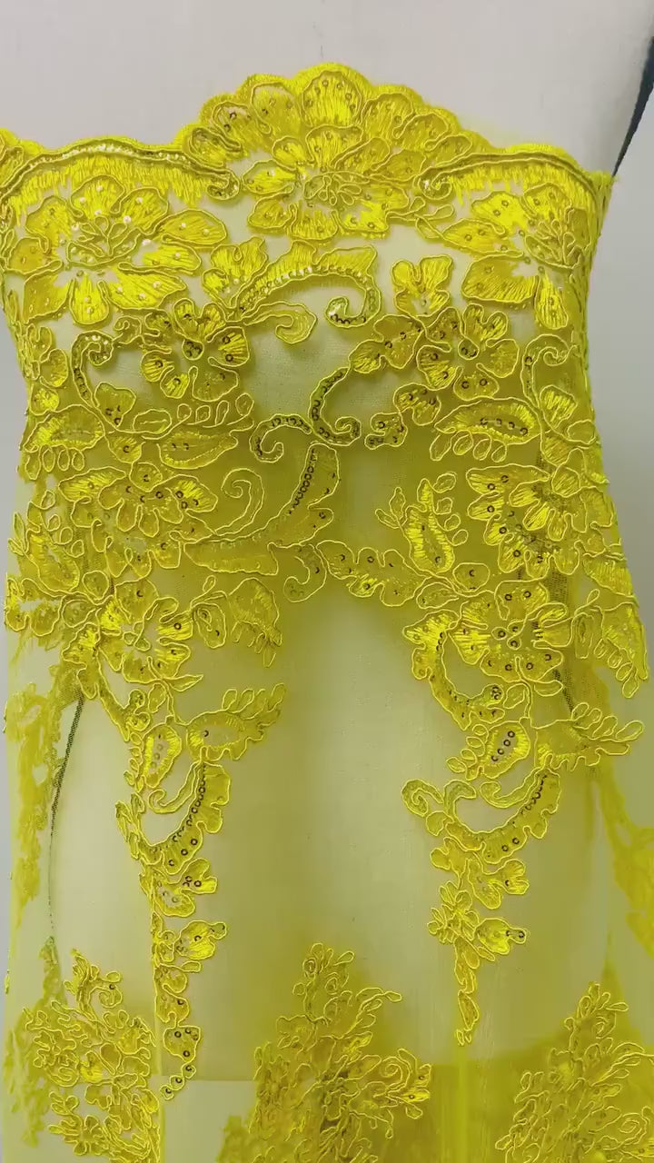 A 2 yard Yellow color Lace Design US50. Double scalloped sequence embroidered width 49/50 inches. condition New.