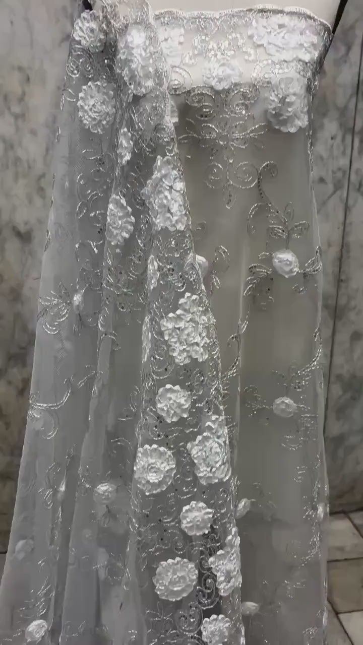 Lace fabric design 600 sell by yard double scalloped embroidery sequins color mint