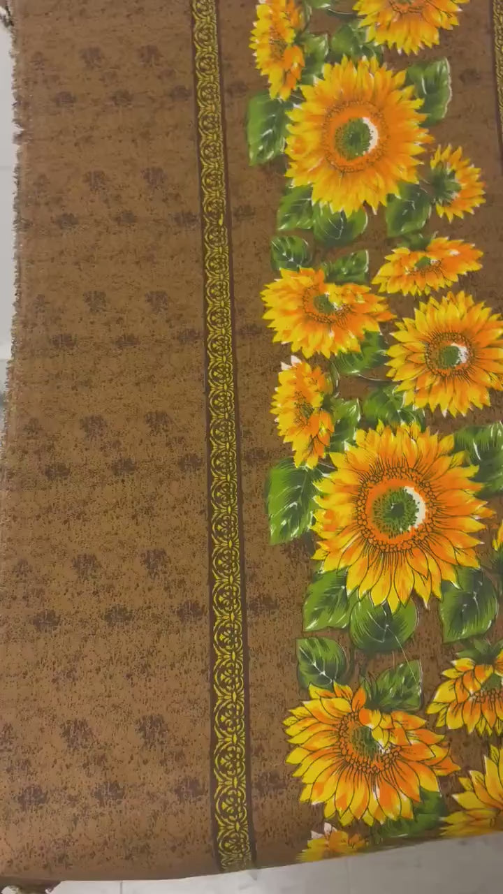 A 2 yard cut sunflower print fabric, width 58/60" polyester.  shirt weight. sold by 2 yards and cut continuous. Craft, Kitchen drapery.