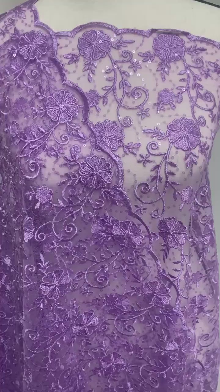 A 3-yard cut of Lilac Lace fabric with a width of 49/50 inches, featuring double scalloped embroidery and sequins. Design code: 04331279.