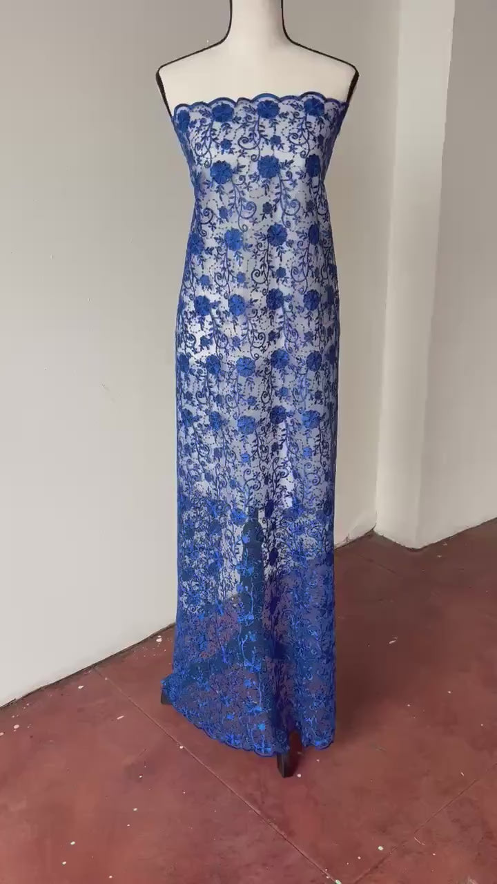 Royal lace fabric double scalloped embroidery sequence width 49". Design 04331279. shop with confidence ask fro free sample.