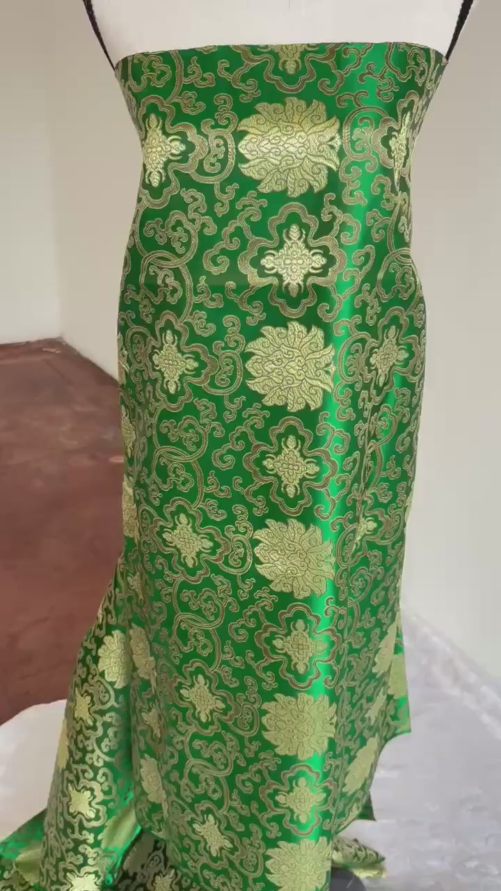 Green brocade fabric, 36” wide – also known as Asian satin or Oriental Chinese embroidered brocade.