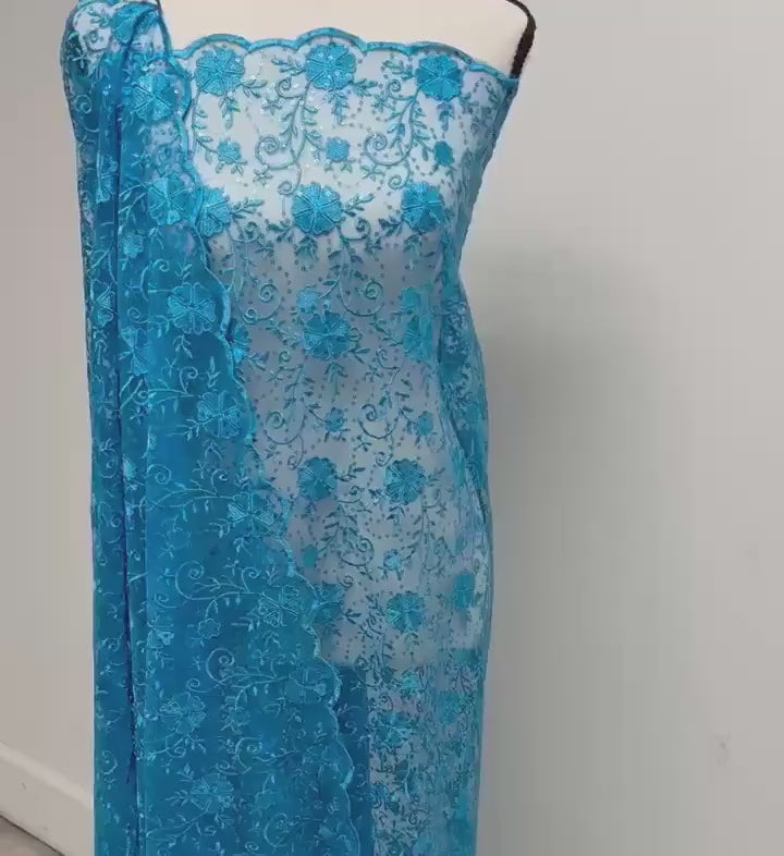 Lace fabric color Turquoise, Double scalloped sequins Embroidery width 49/50" design 04331279.