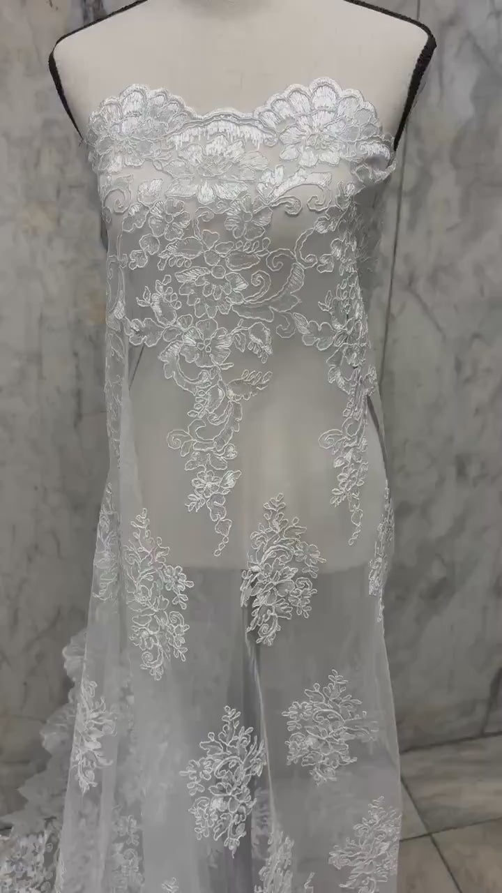 Lace Fabric Design US50. Double scalloped sequence embroidered width 49/50 inches. free sample shop with confidence.