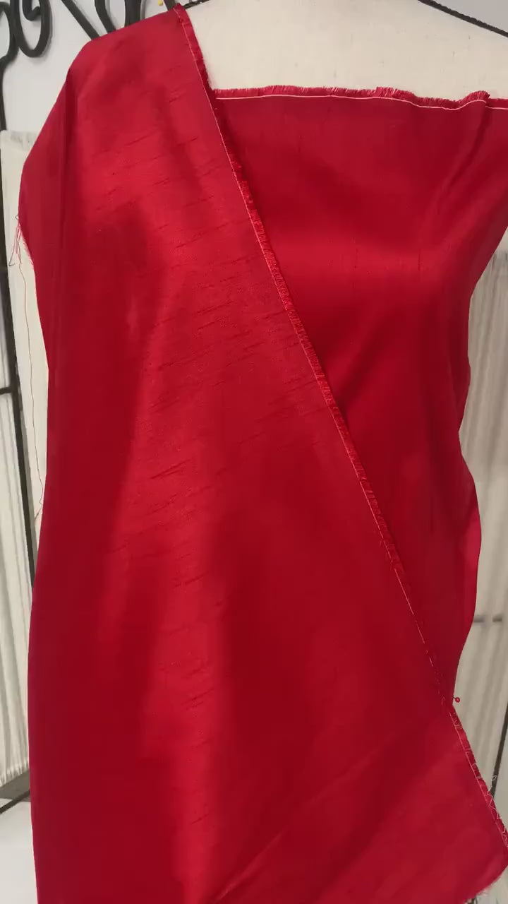 Red satin shantung fabric width 58" polyester, slubbed texture dull fininshed, dress, suiting and home decoration item. item 114