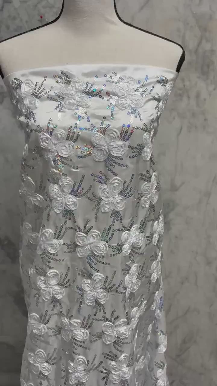 White embroidery sequence taffeta bridal fabric. design JH-120529-1.rose bud pattern. tela de encaje de color blanco