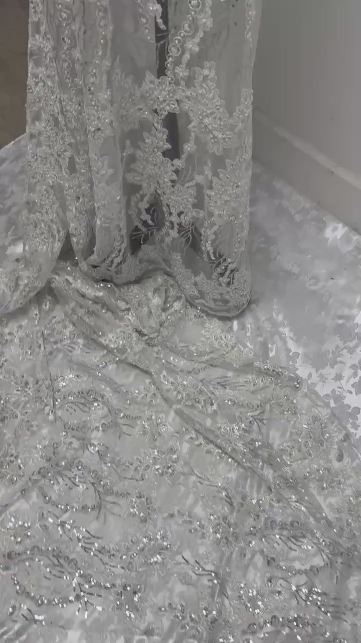 White Beaded lace, Double scalloped Sequence Beaded Embroidery width 49/50" design MH-1802. free sample. tela de encaje de color blanco