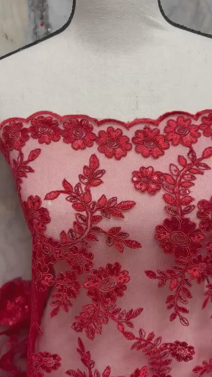 Red Lace fabric design bloom 6 width 49"